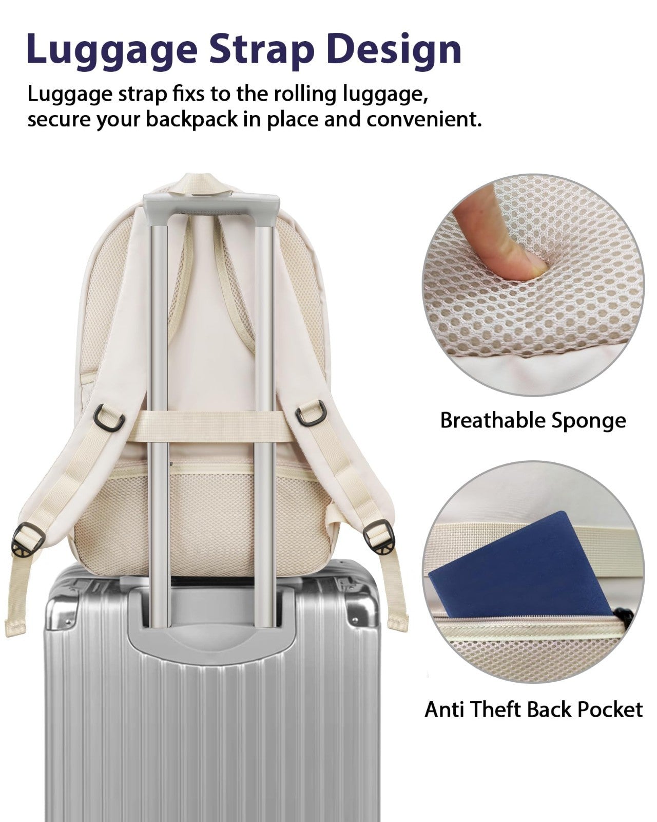 Large Capacity Beige Laptop Backpack for Women, TSA Friendly Travel Bag3