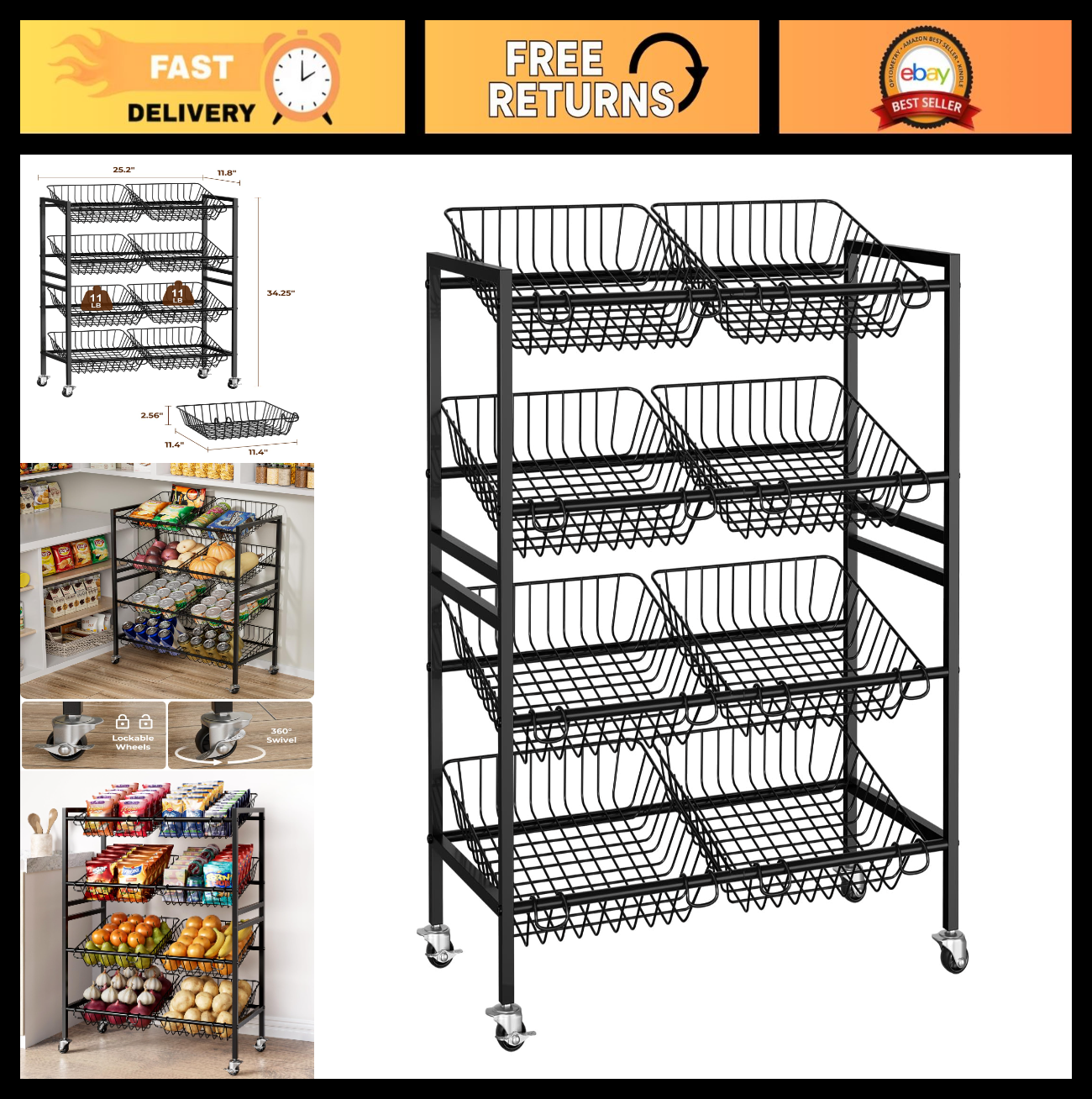 25.2" Kitchen Storage Cart   4 Tier Snack Cart with Wheels, Metal Fruit & Vegeta0