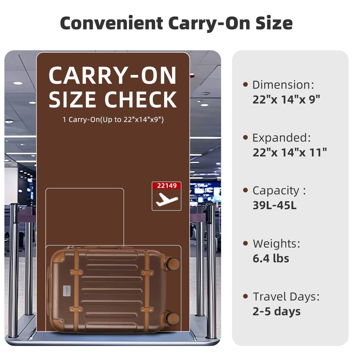 Expandable Carry-On Luggage 22x14x9, Lightweight ABS Hardshell, TSA Lock, 360° S3