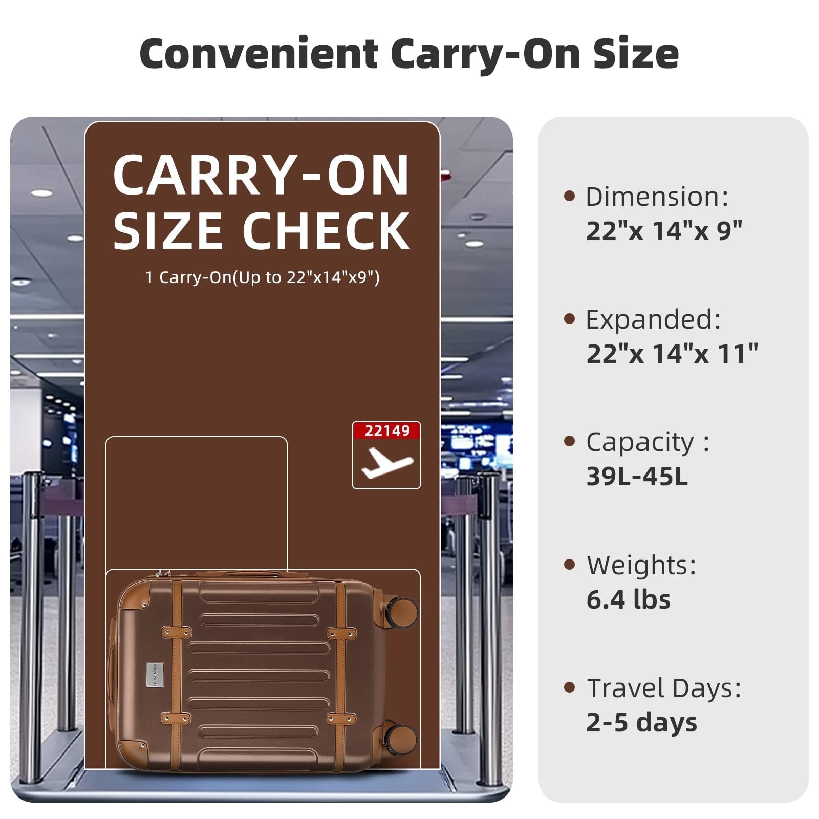Expandable Carry-On Luggage 22x14x9, Lightweight ABS Hardshell, TSA Lock, 360° S3
