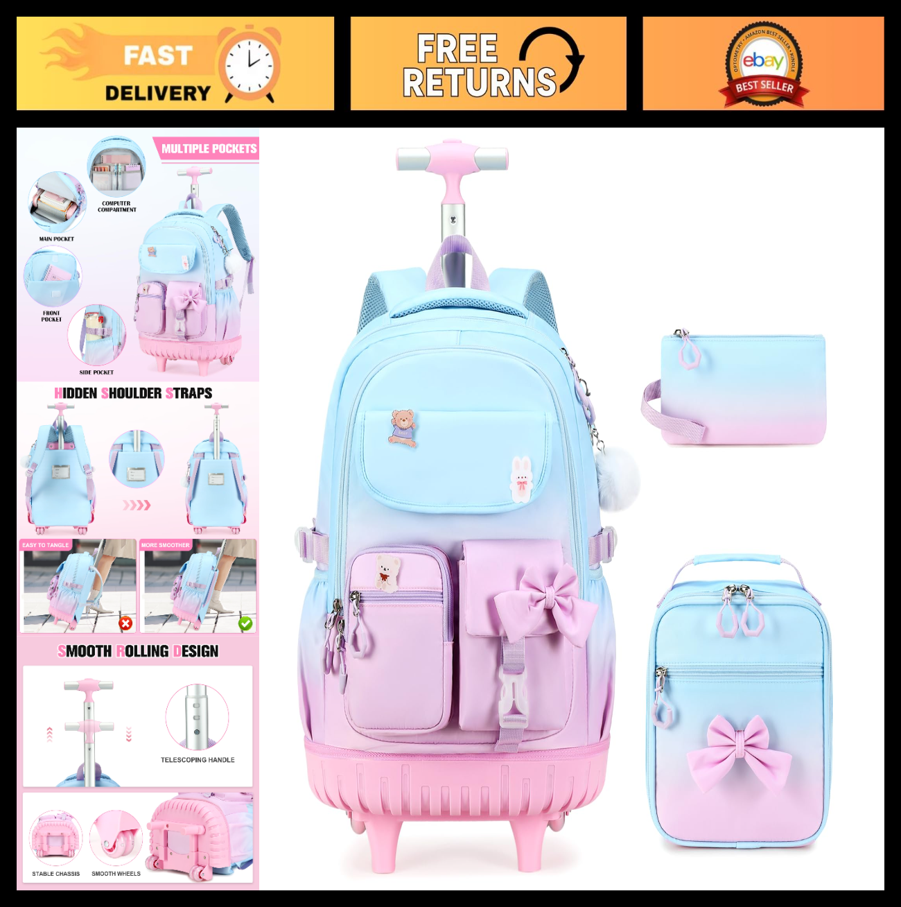 Rolling Backpack for Girls   Wheeled School Bag with Lunch Bag & Pencil Pouch, T0
