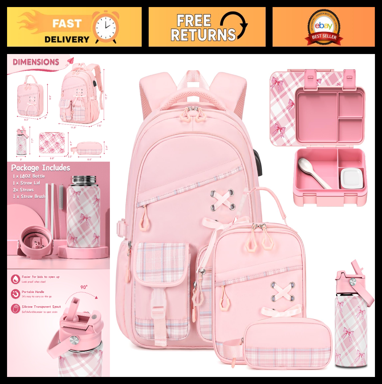 9PCS Girls Backpack Set with Lunch Bag, Pencil Case, Bento Box & Water Bottle  0