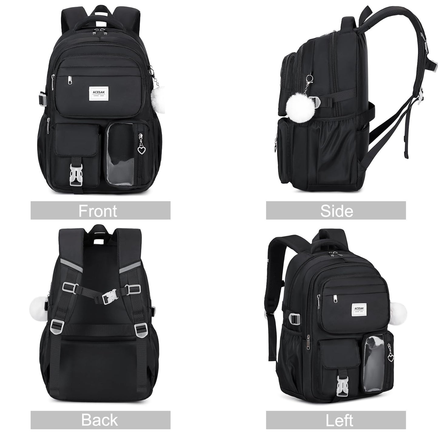 Stylish Girls Backpack with Lunch Bag & Pencil Pouch   Teen Laptop Bookbag, Blac6