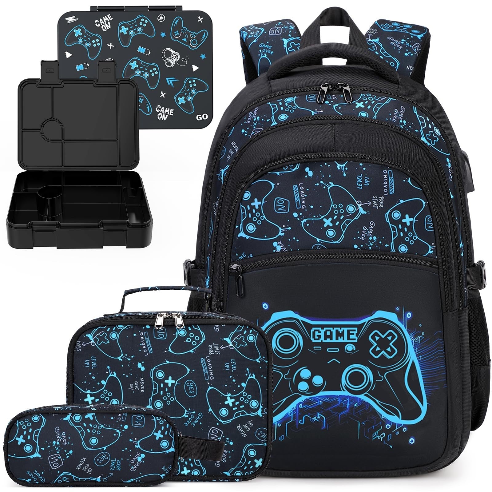 Cool Luminous Gamer Backpack Set for Boys, 6PCS with Lunch Bag & Pencil Case   S1