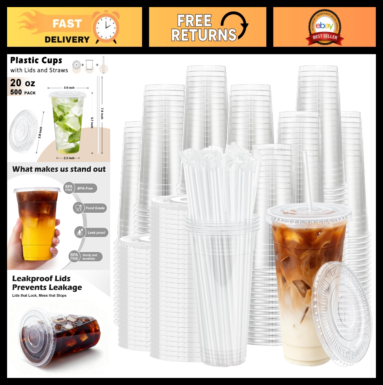 500 Pack 20 oz Clear Plastic Cups with Lids & Straws | Disposable Cold Drink Cup0