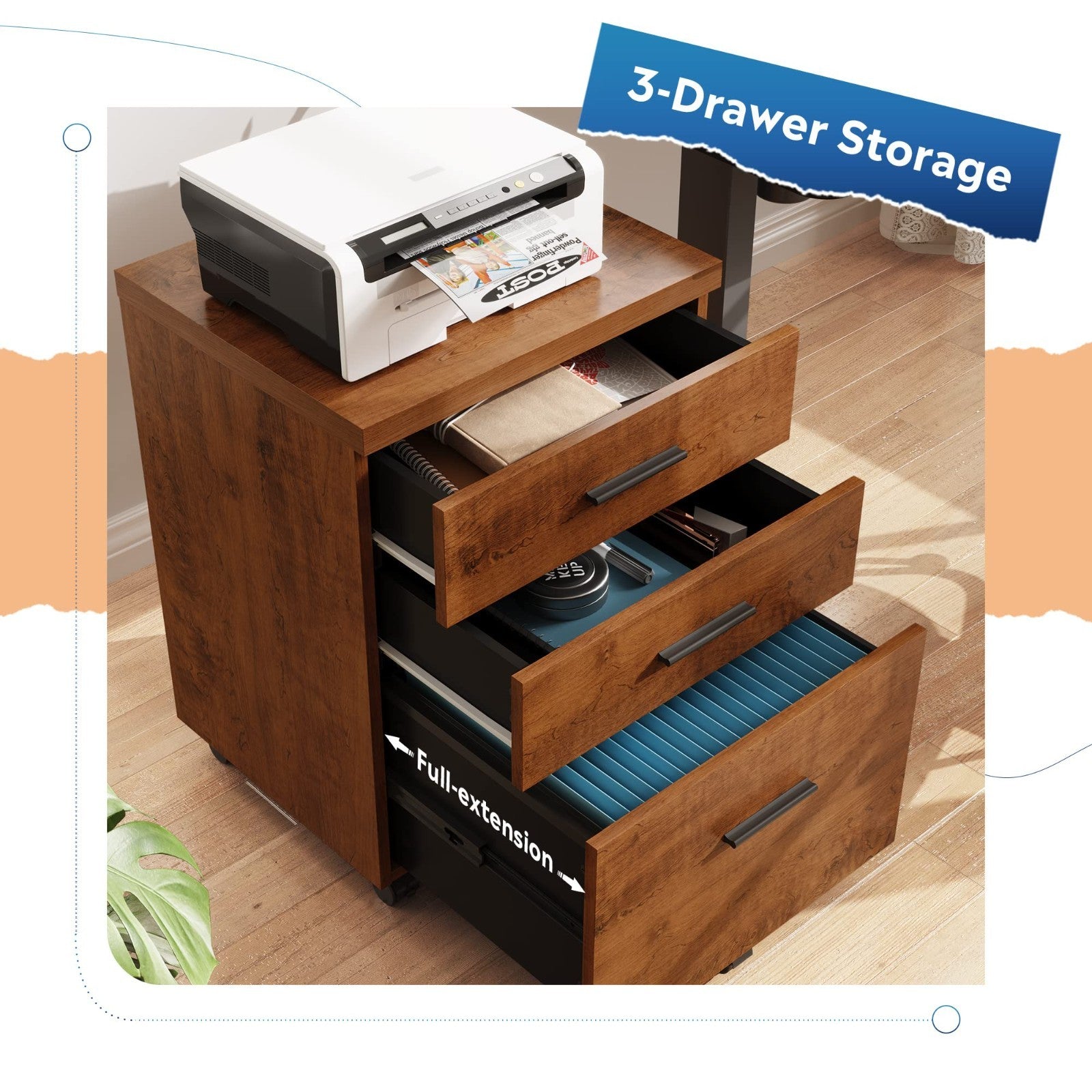3 Drawer File Cabinet for Home Office   Wood Under Desk Storage, Rolling Printer3