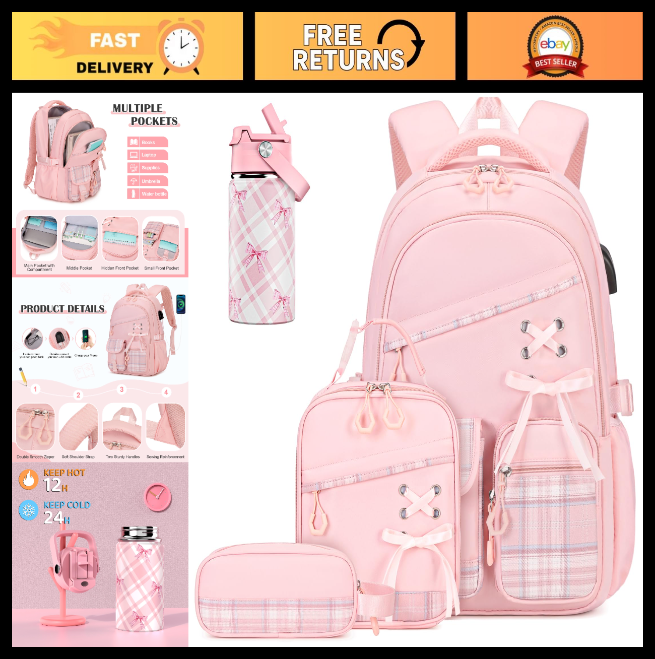 Girls Plaid School Backpack Set with Insulated Water Bottle, Lunch Bag & Pencil0