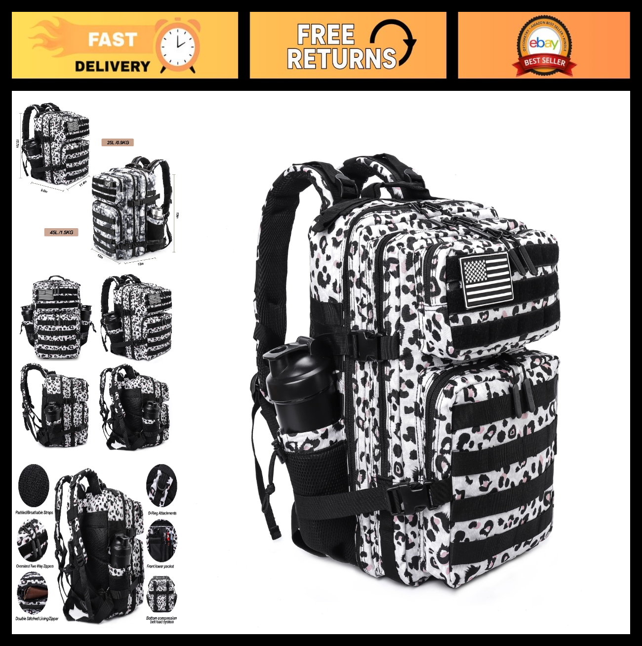 Tactical Military Backpack 25L/35L   Army Assault Pack, Small Rucksack, Bottle H0