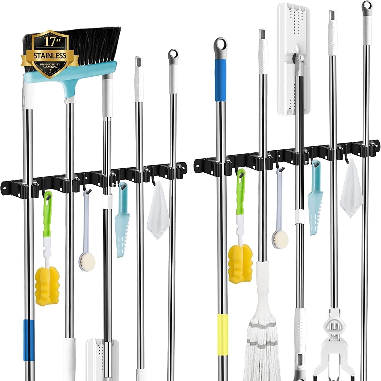 2 Pack Wall Mount Broom Holder, 5 Racks & 4 Hooks for Mop Storage, Space Saver1