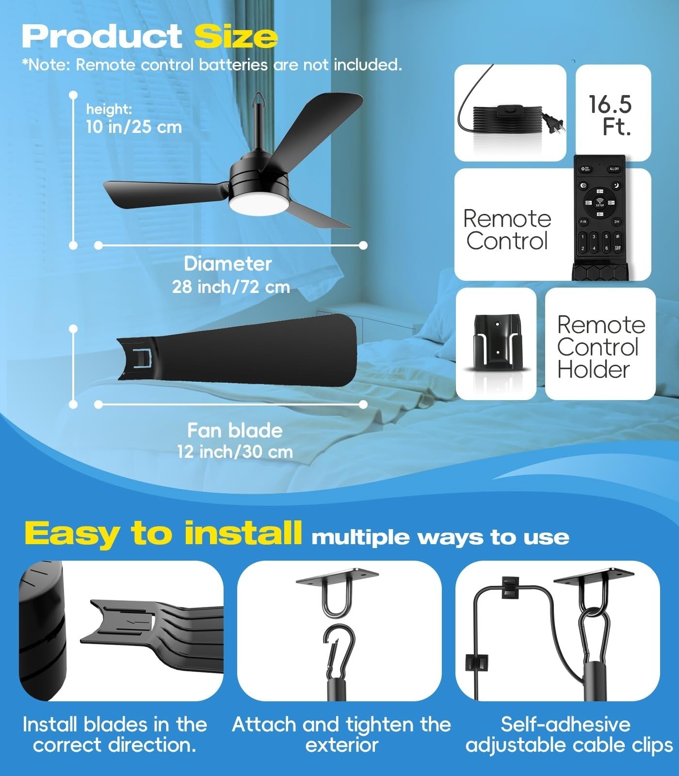 28" Dimmable Ceiling Fan Light with 16.5ft Cord, Reversible Portable Hook for Pa1