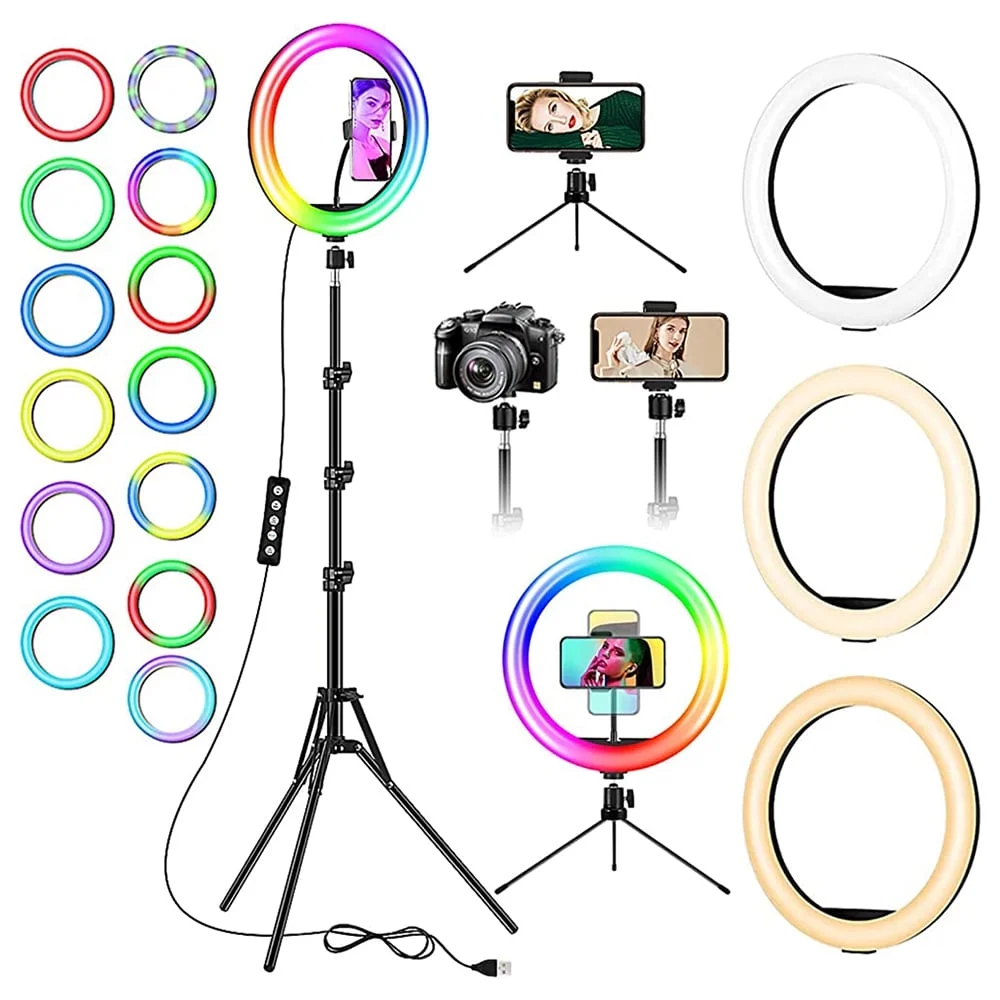 13" RGB Selfie Ring Light W/ Tripod Stand & Phone Holder 26 Modes 10 Brightness0