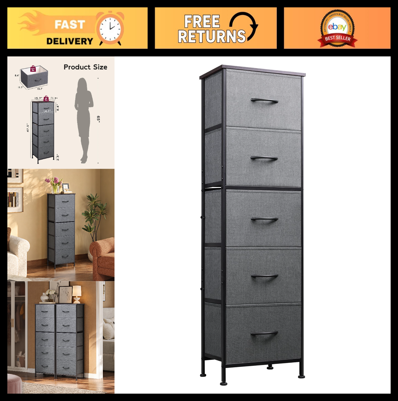 Tall Dresser for Bedroom - 5 Drawer Vertical Storage Chest, Dark Grey Fabric, Sm0