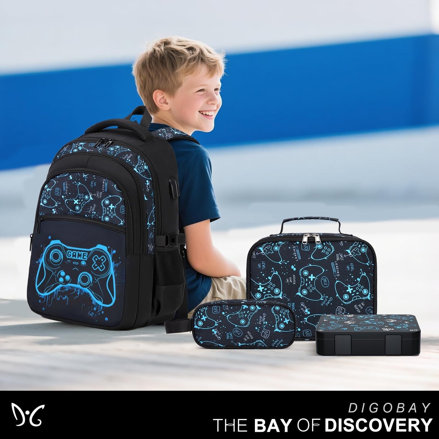 Cool Luminous Gamer Backpack Set for Boys, 6PCS with Lunch Bag & Pencil Case   S7