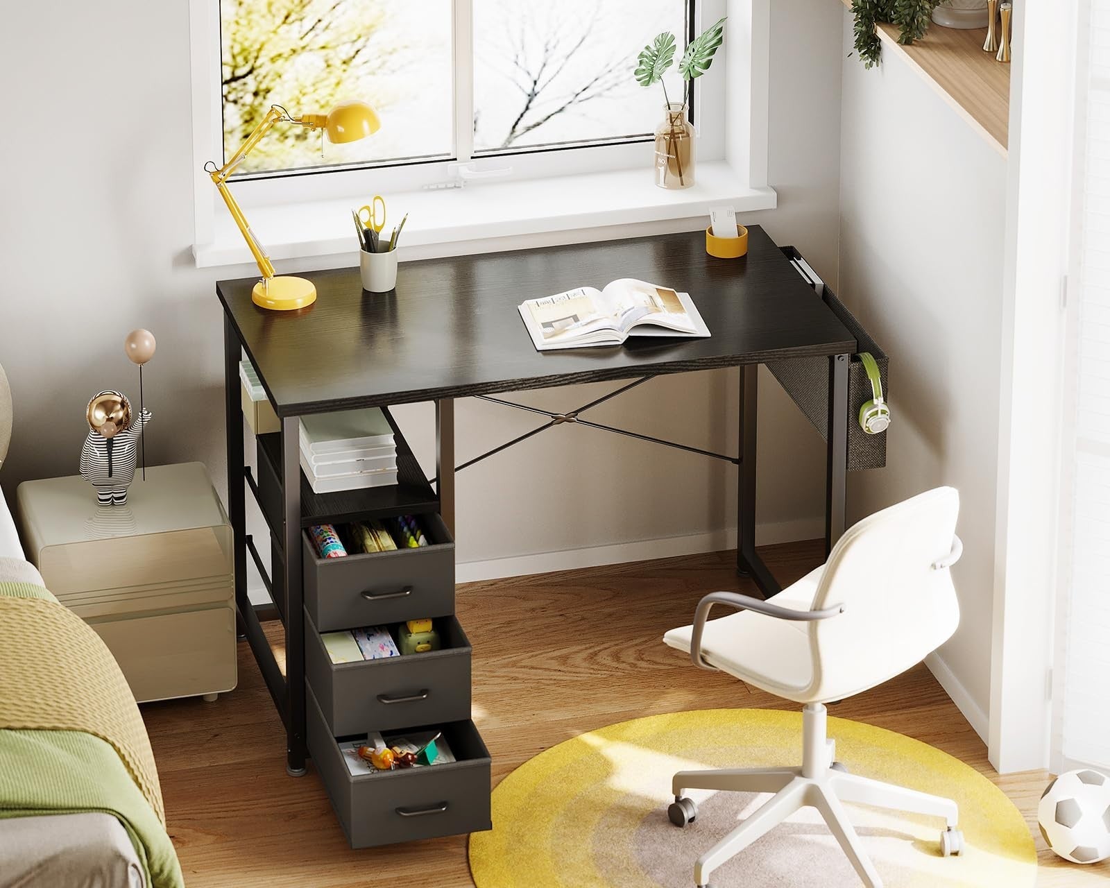 Compact 32" Study Desk with Fabric Drawers, Storage Shelf for Small Spaces2
