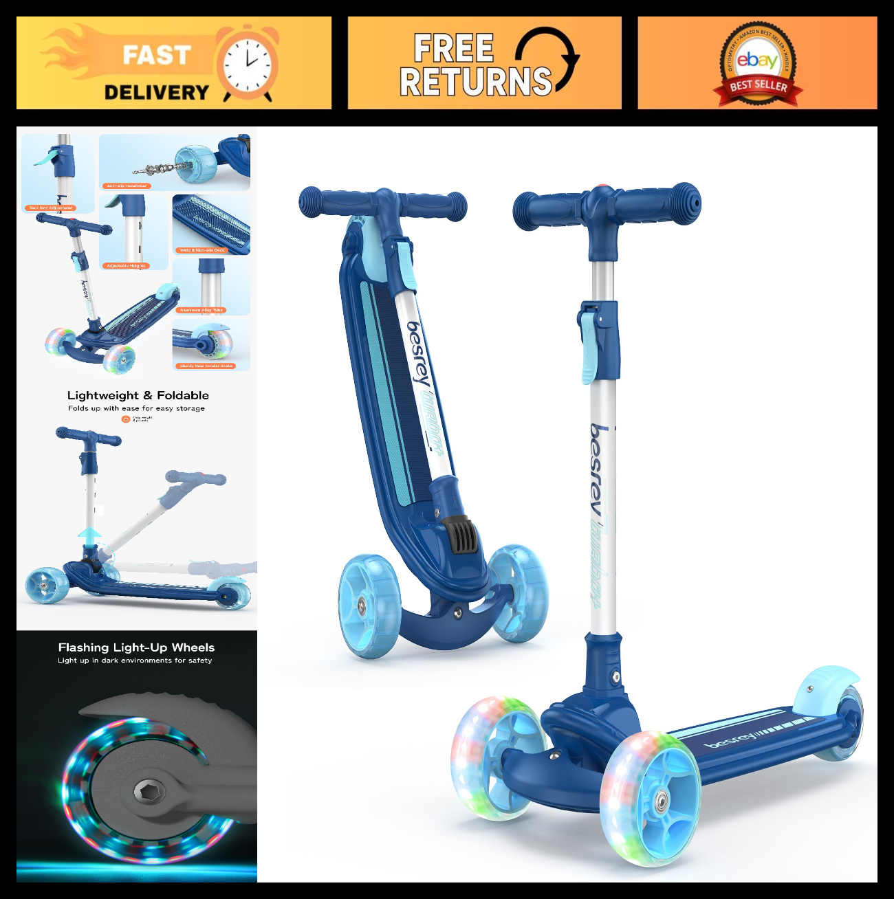 3-Wheel Kids Scooter Ages 3-10, Adjustable Height, Safe & Sturdy Design0