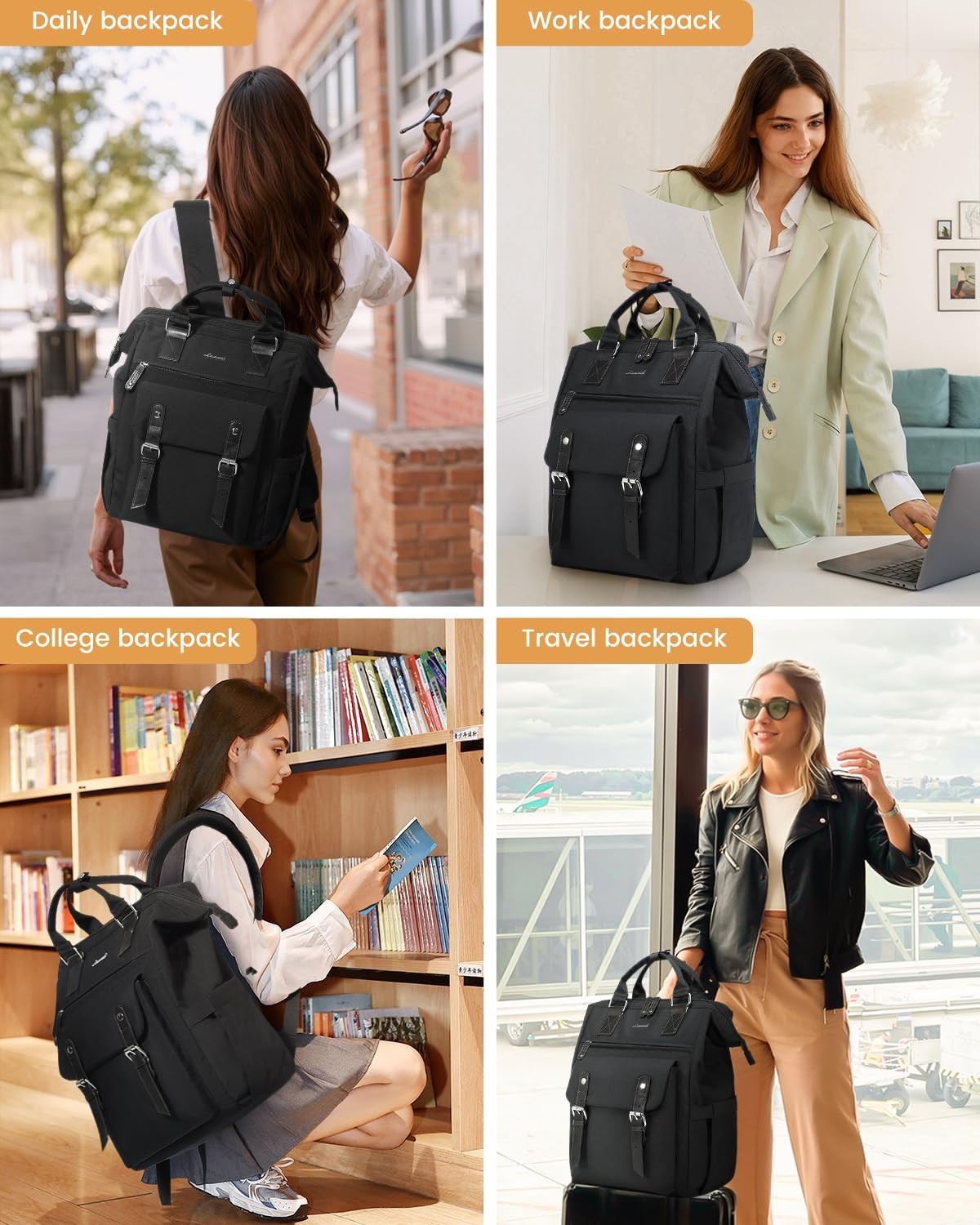 Stylish 15.6" Laptop Backpack for Women   College, Work, Travel, Nurse Bag, Blac6
