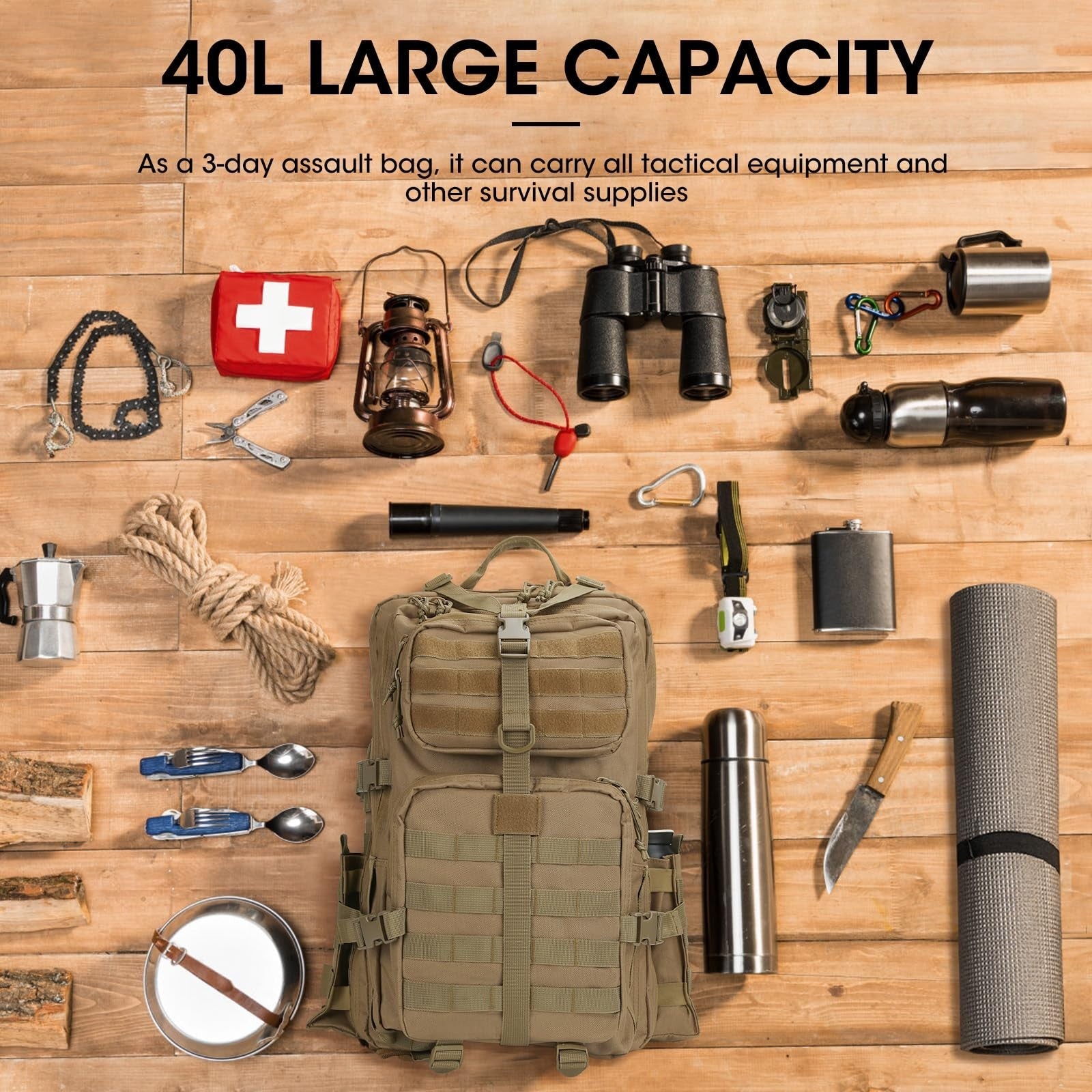 Tactical Military Backpack for Men   3 Day Survival Bag, Outdoor Gear, Tan3