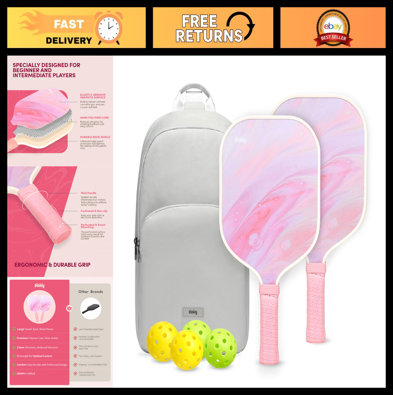 Pickleball Paddle Set of 2/4, USAPA Approved Graphite/Fiberglass Rackets, Balls0