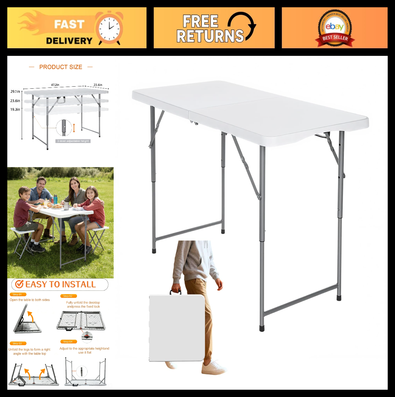 Portable 4ft Folding Table - Heavy Duty, Adjustable Height, Indoor/Outdoor Use,0