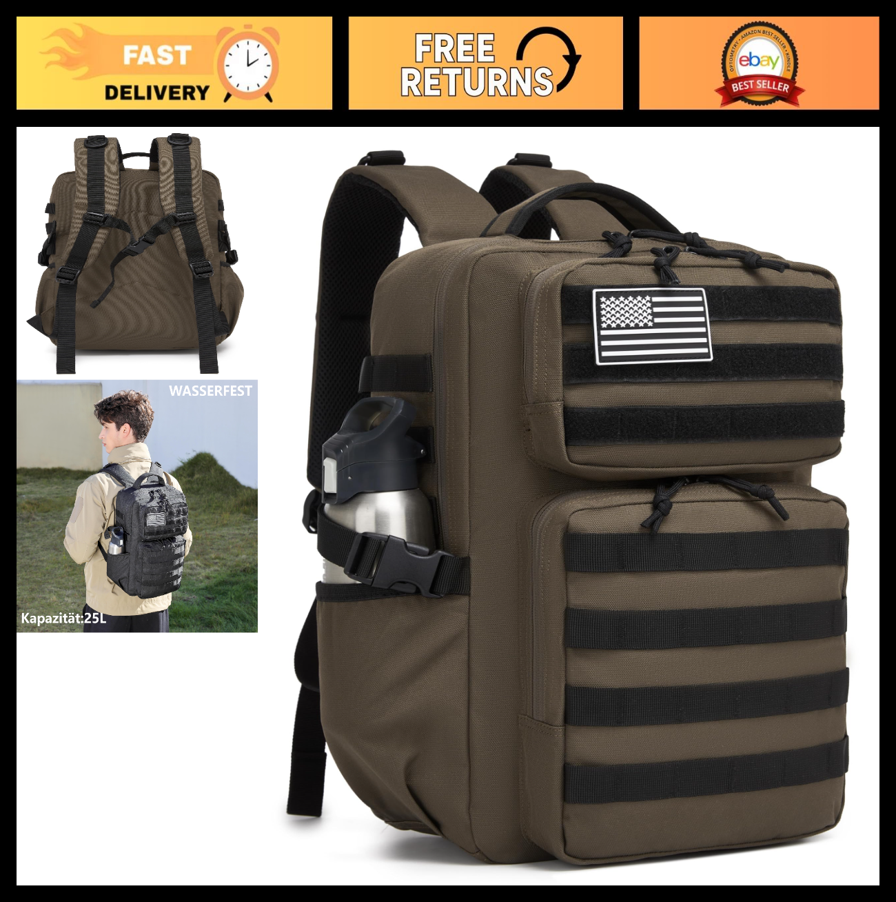 Waterproof Military Tactical Backpack   3 Day Assault Pack, Molle Daypack with W0