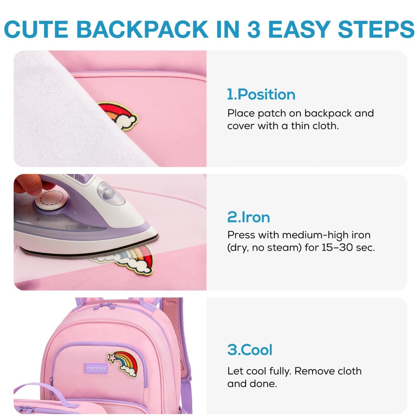 Personalized Girls Backpack Set - Custom School Bookbag with Iron-On Patches, 3P4