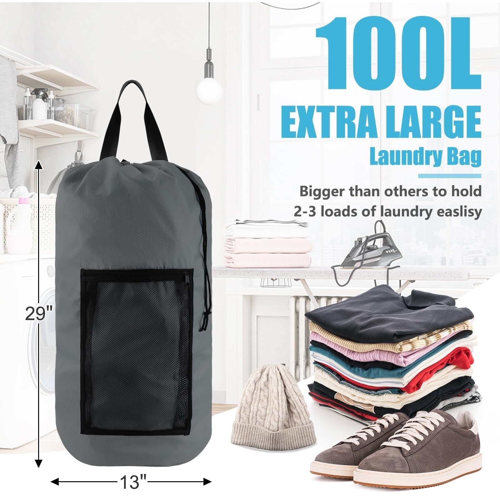 Extra Large Travel Laundry Bag Backpack - 2PCS with Mesh Pocket & Adjustable Str1