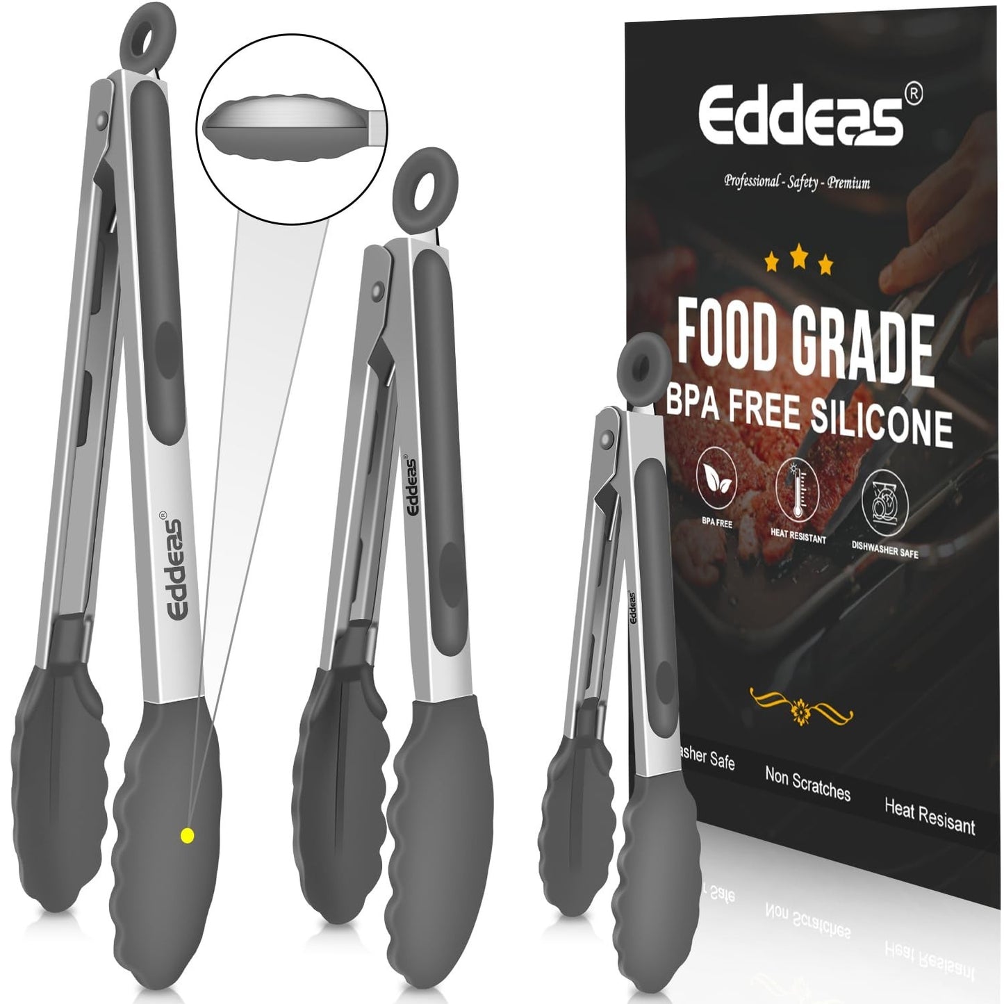 Heat Resistant Silicone Tongs Set 7/9/12"   Heavy Duty Stainless Steel, 600°F No1