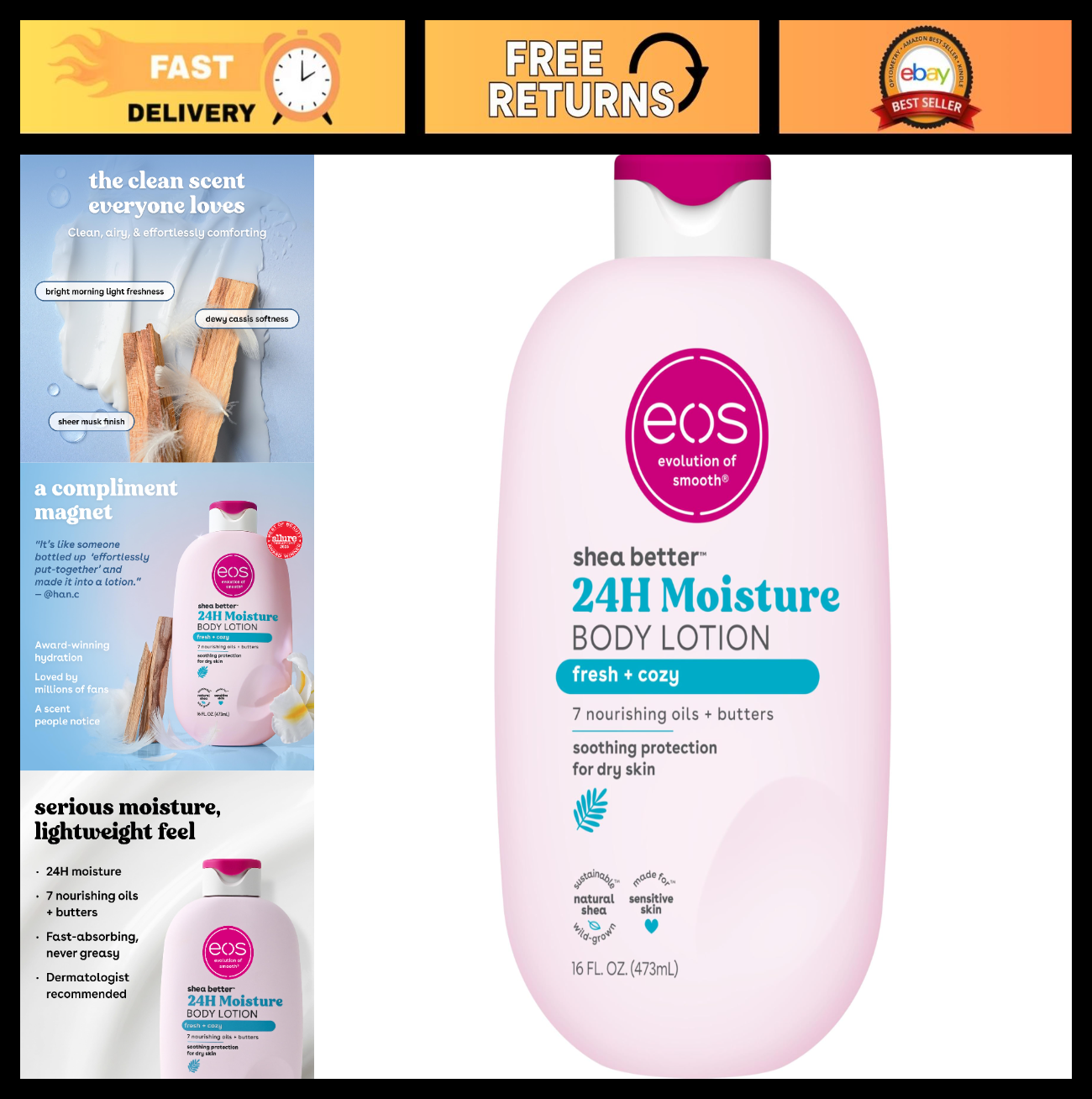 Natural Shea Body Lotion   Fresh & Cozy Scent, Moisturizing, 16 fl oz0