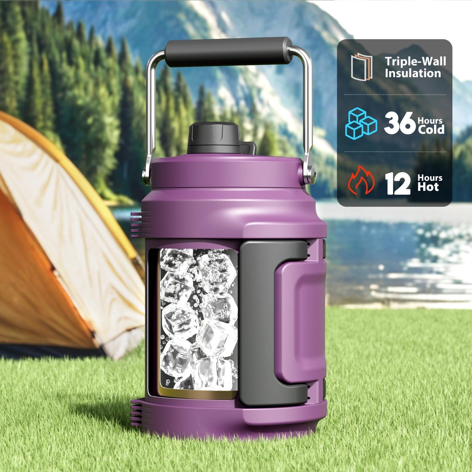 64 oz Insulated Water Bottle - Triple Wall Vacuum Stainless Steel Jug, 2-in-1 Li3