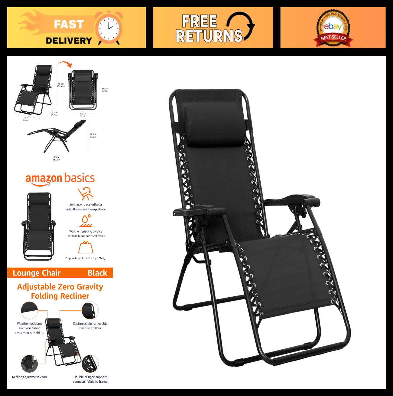Zero Gravity Lounge Chair with Pillow   Foldable Outdoor Recliner, 300 lb Capaci0