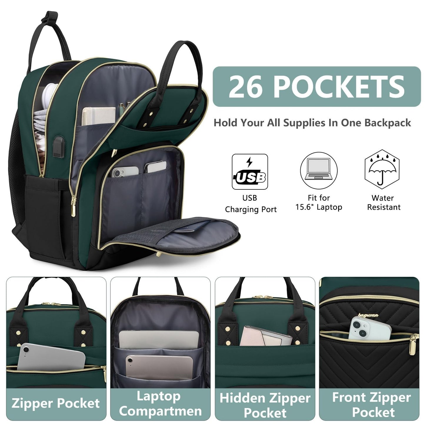 Stylish 15.6" Laptop Backpack for Women   Waterproof Travel Bag with USB Charger2