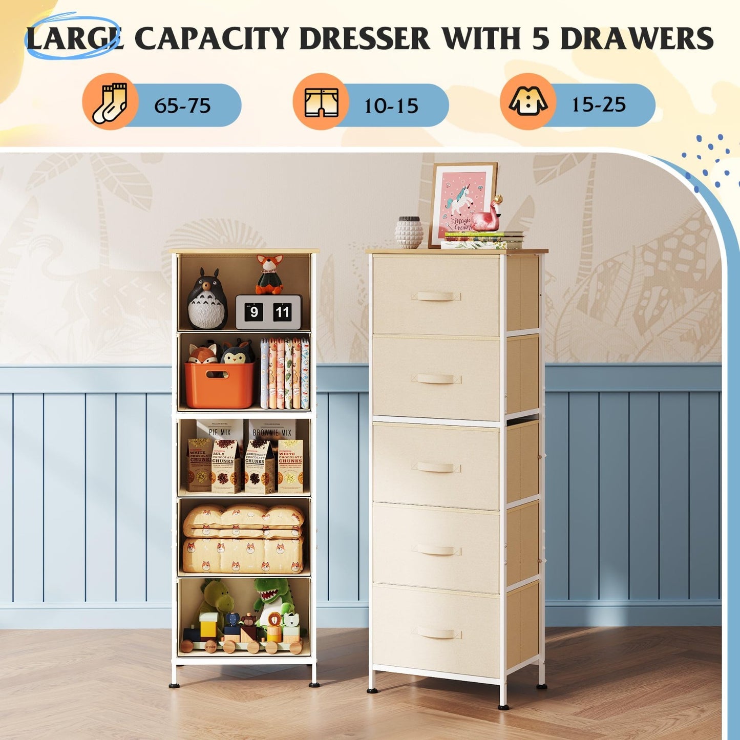 Tall Dresser for Bedroom - 5 Drawer Vertical Storage Chest, Cream White, Small S3