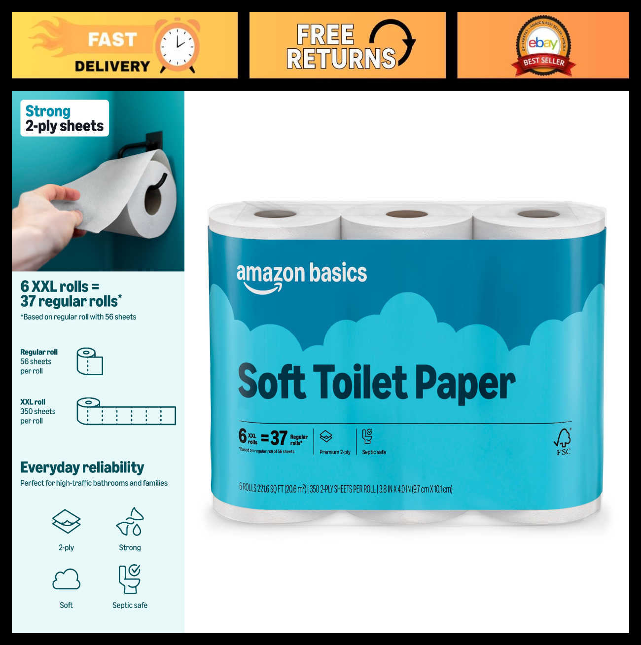 2 Ply Soft Toilet Paper, 6 Rolls, 350 Sheets Each, Septic Safe, Equivalent to 370