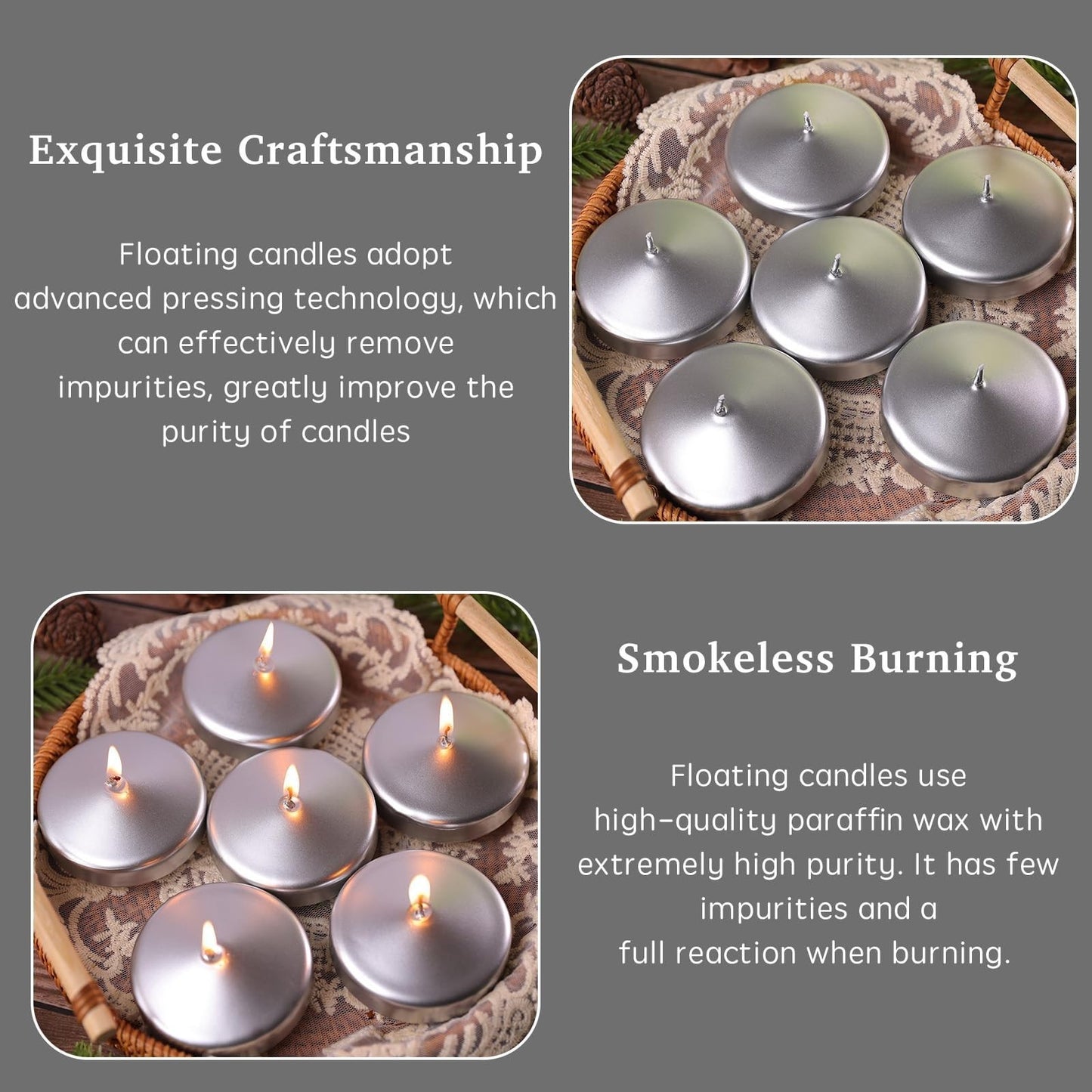 36 Pack 3" Silver Floating Candles - Unscented, 8-9 Hour Burn for Weddings, Part4