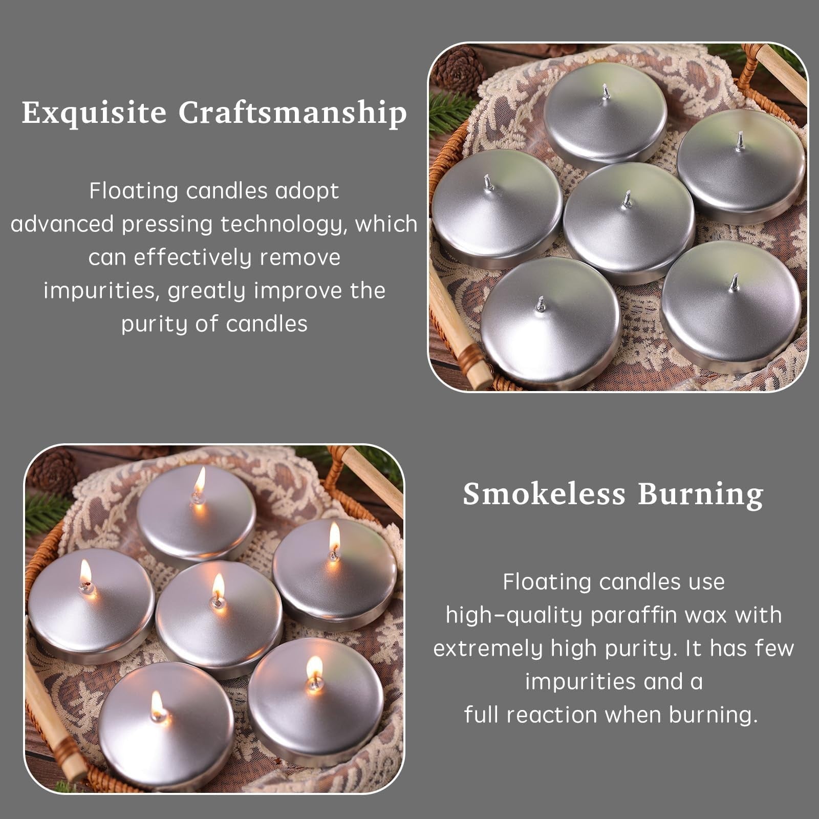 36 Pack 3" Silver Floating Candles - Unscented, 8-9 Hour Burn for Weddings, Part4