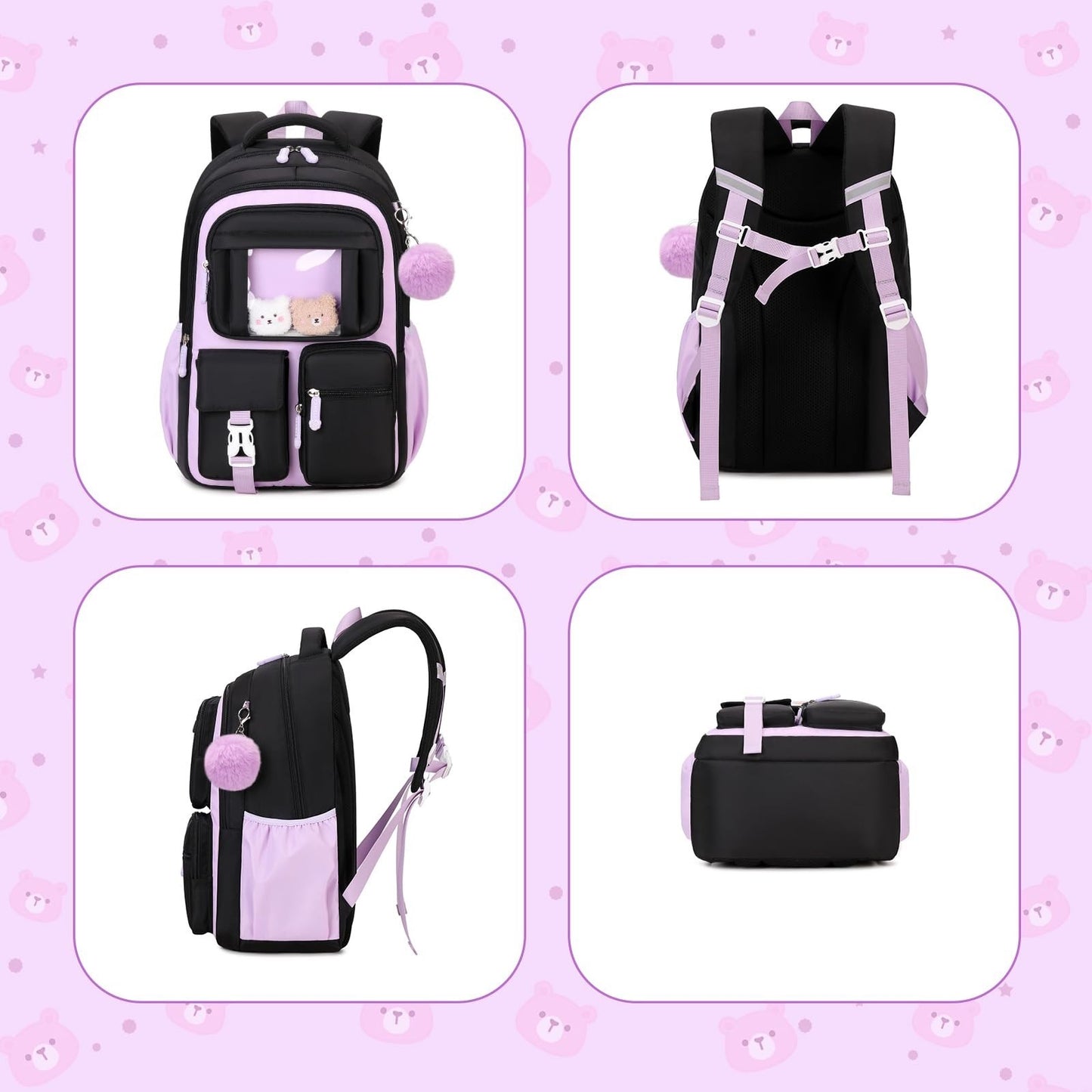 Kawaii Girls School Backpack - Cute Black & Purple Book Bag for Middle & Element6