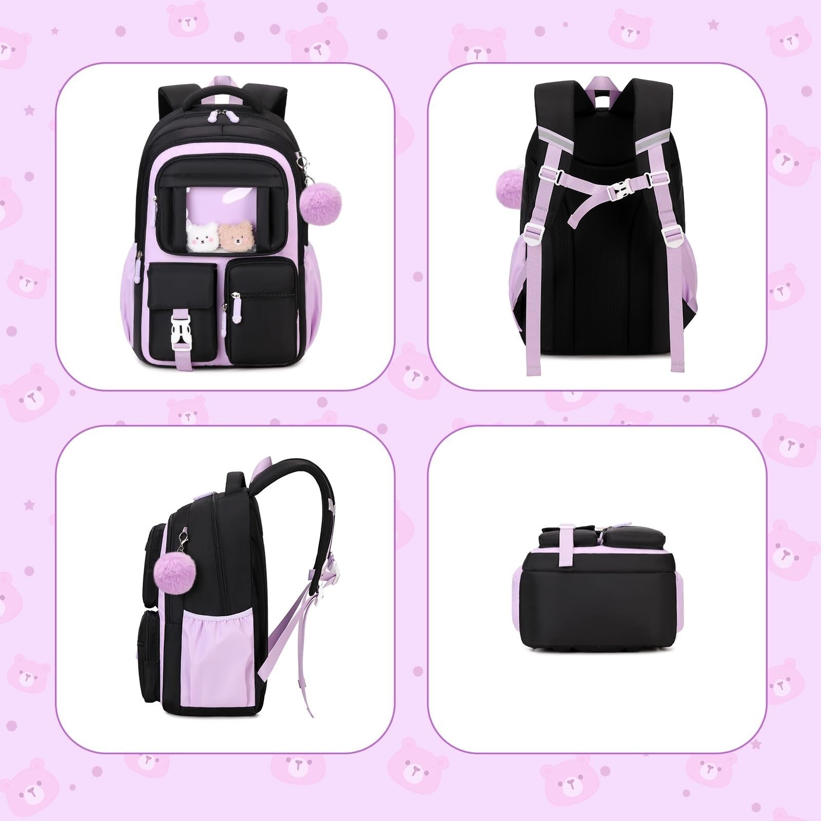 Kawaii Girls School Backpack - Cute Black & Purple Book Bag for Middle & Element6