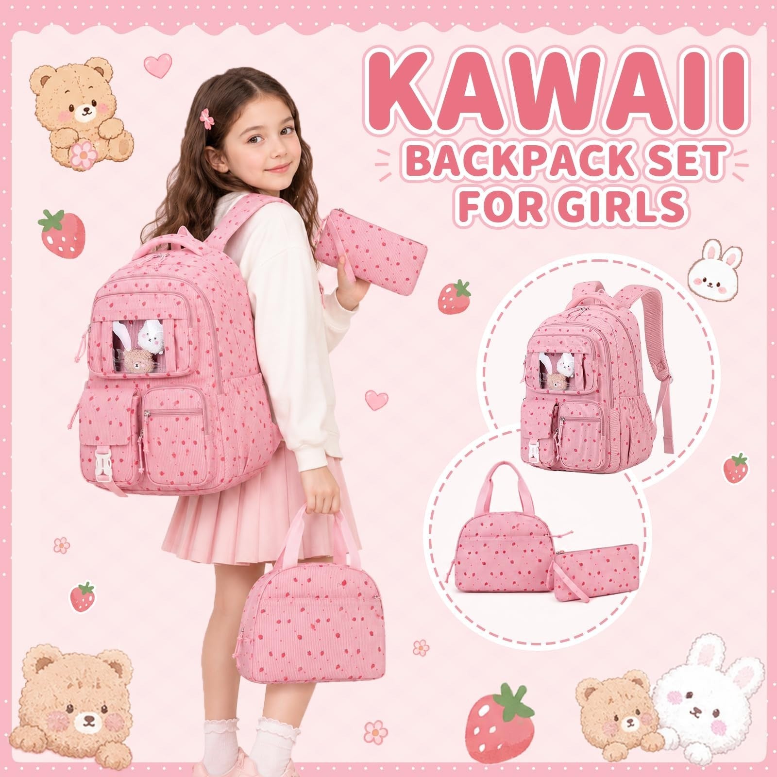 Cute Kawaii Corduroy Backpack Set for Girls - 3PCS School Bag, Lunch Box & Penci2