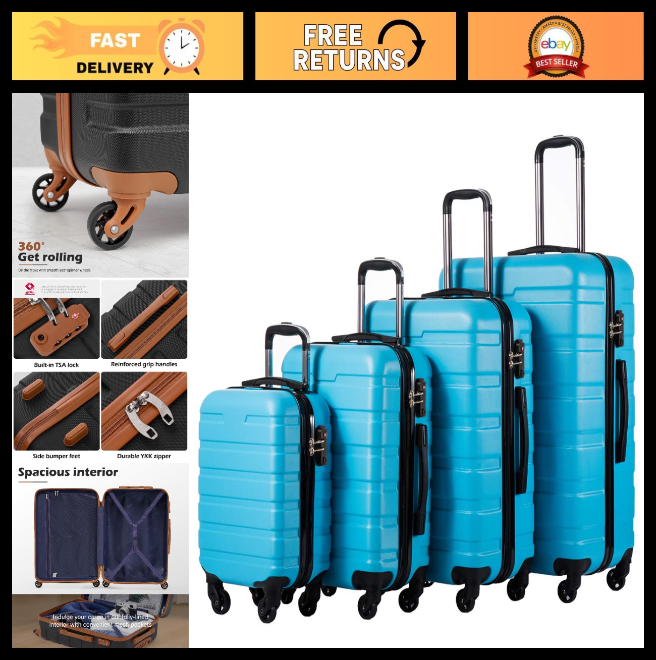 Lightweight 4-Piece Hardshell Luggage Set, 360° Spinner Wheels, TSA Lock, Blue0