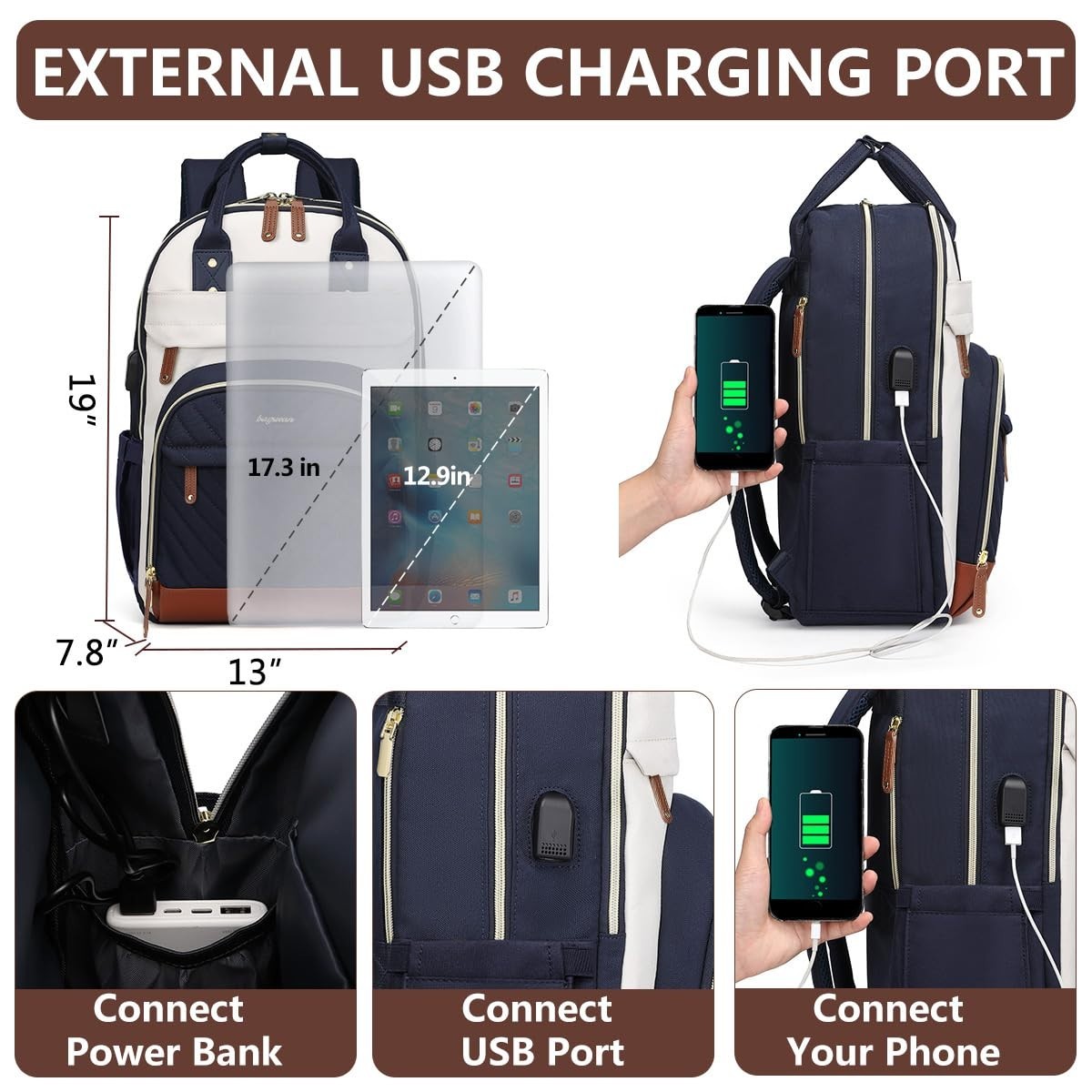 Stylish Laptop Backpack for Women   17.3" Waterproof Bookbag with USB Charger, A3