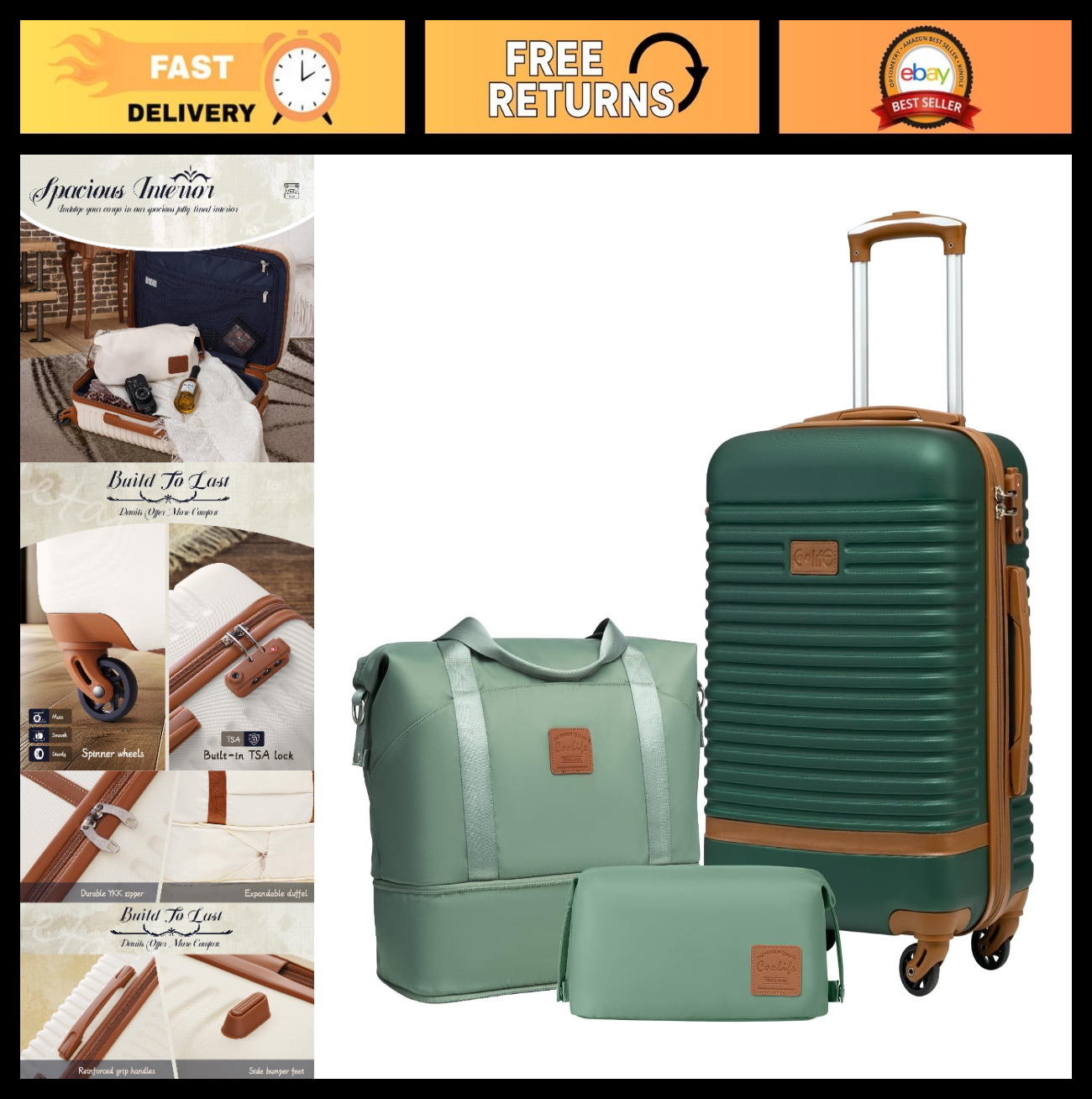 3-Piece Dark Green Luggage Set - Carry-On Suitcase with 360° Spinner Wheels, Tro0