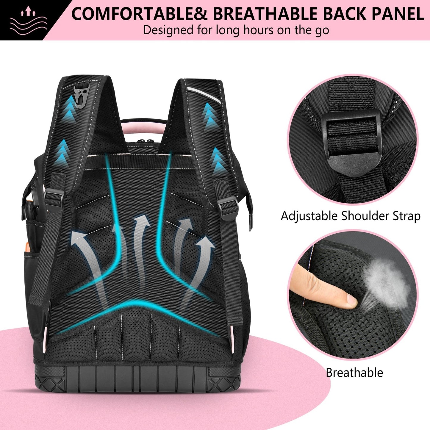 Pink Tool Bag for Women   Waterproof Wide Open Tool Backpack with Double Zipper,5
