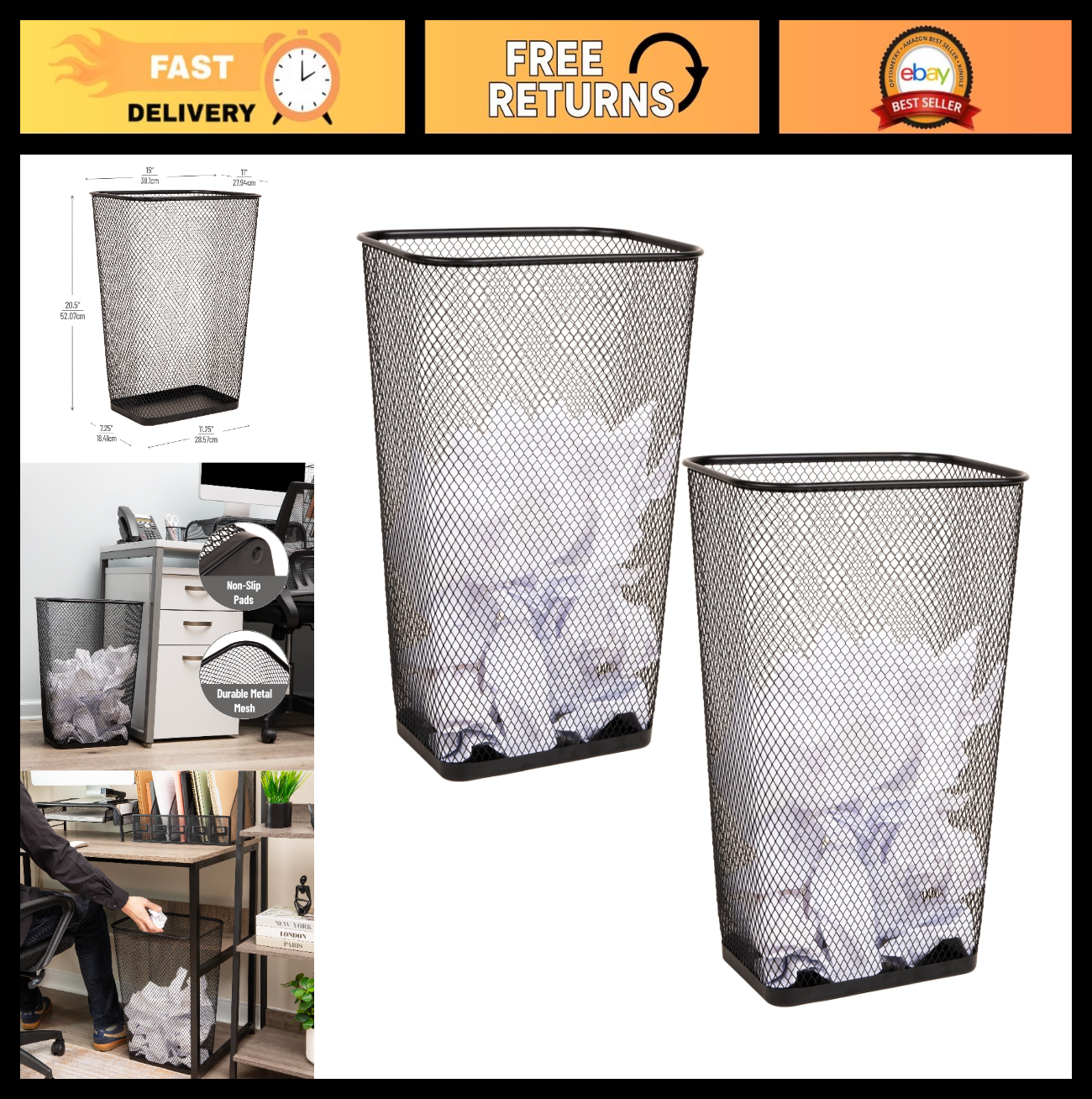 10 Gallon Metal Mesh Waste Bins Set of 2 | Black Office & Home Trash Cans, Non-S0