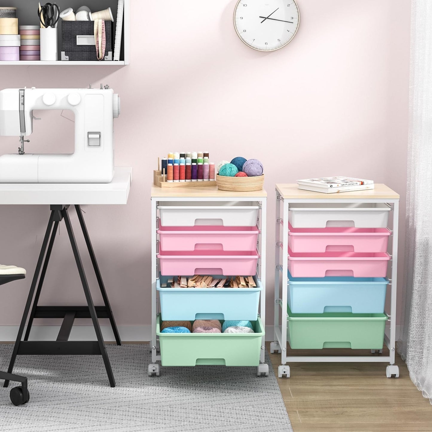 5 Drawer Utility Cart with Wooden Top, Rolling Storage Trolley with Lockable Whe7