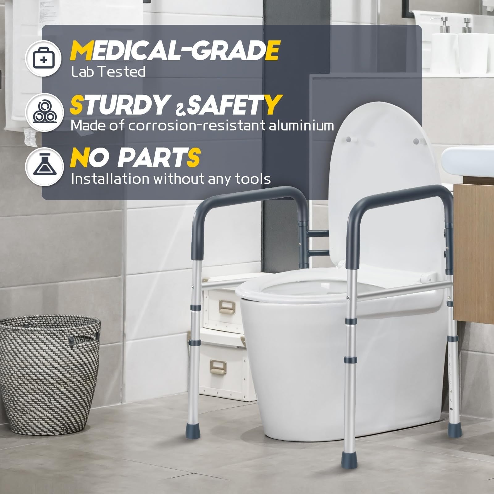 Adjustable Toilet Safety Rails, 350 lbs Capacity, Foldable Design, Fits Most Toi3