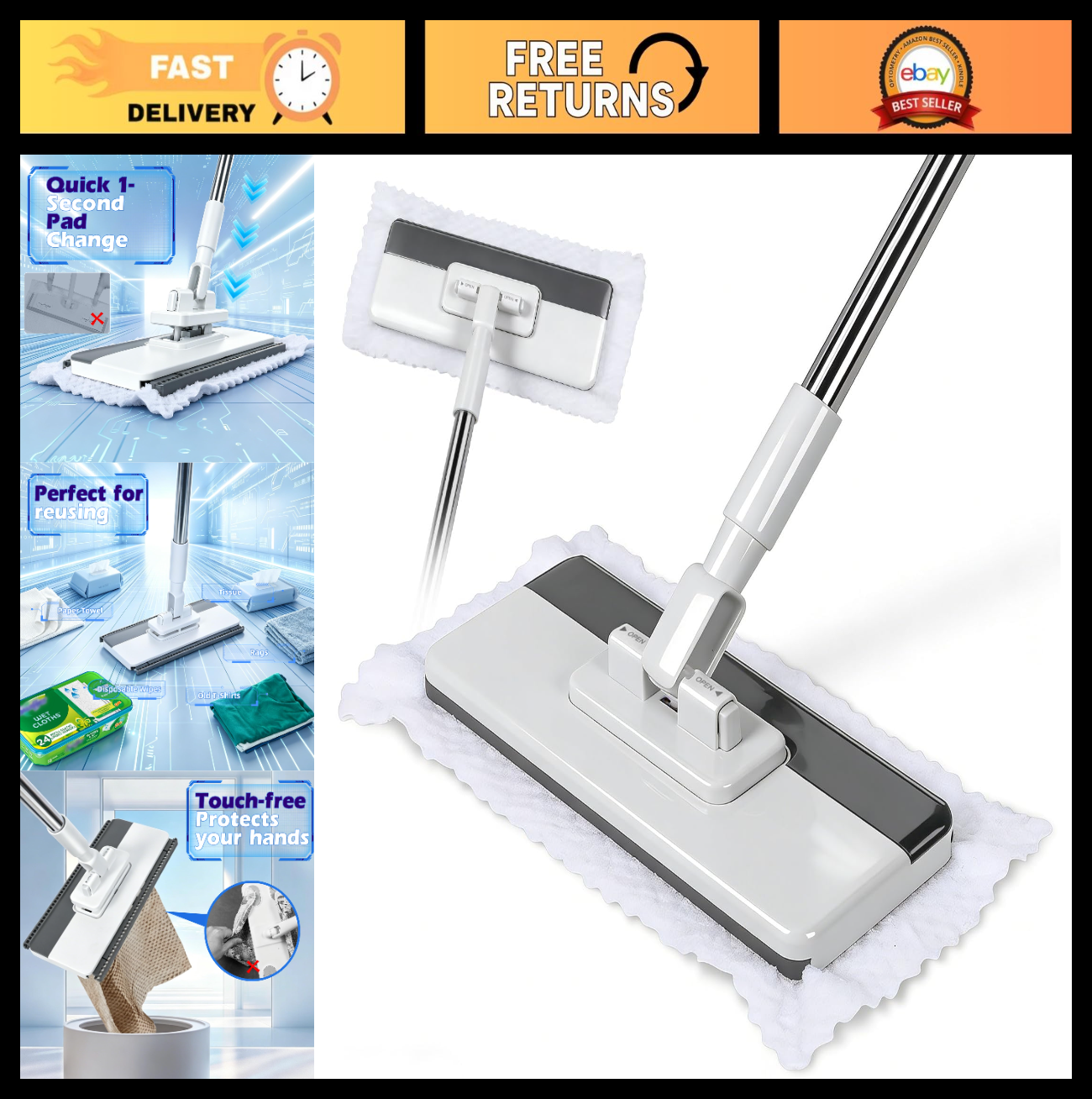 51" Hands-Free Flat Mop with Stainless Steel Handle - Snap Grip Design for Easy0
