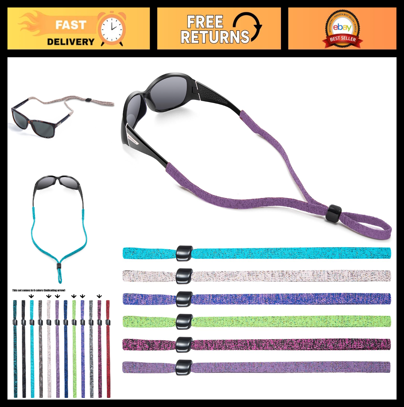 6-Pack Universal Eyeglass Straps - Eyewear Retainer Cord for Reading, Sports & S0