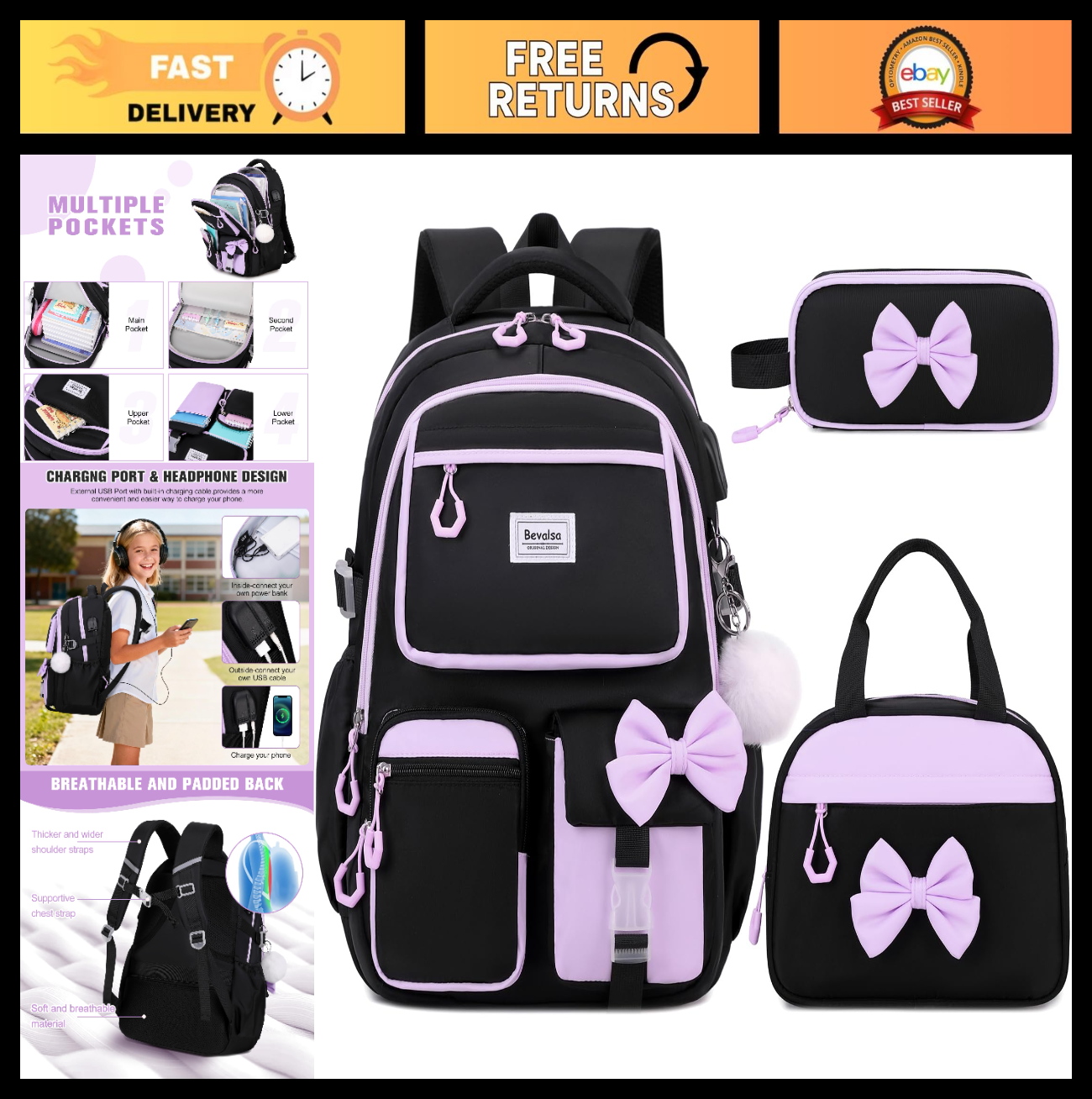 Cute Bow Backpack for Girls   School Bag Set with Lunch Bag & Pen Case0