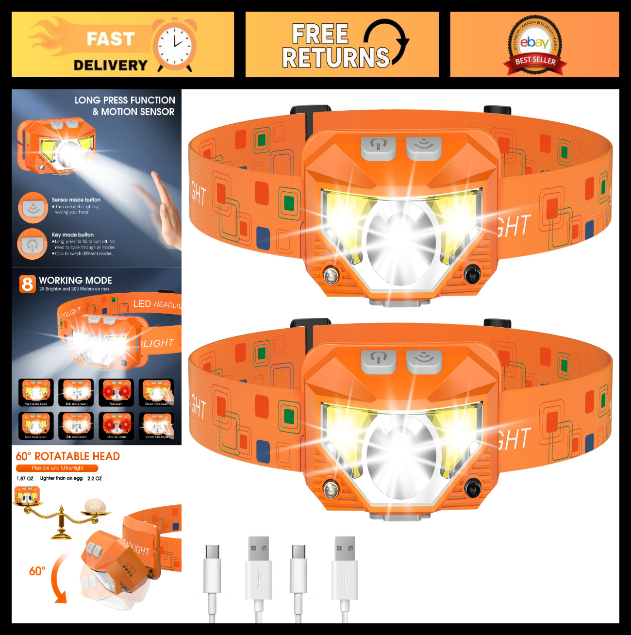 Ultra Light LED Headlamp Flashlight 2 Pack, Rechargeable, Waterproof, Motion Sen0