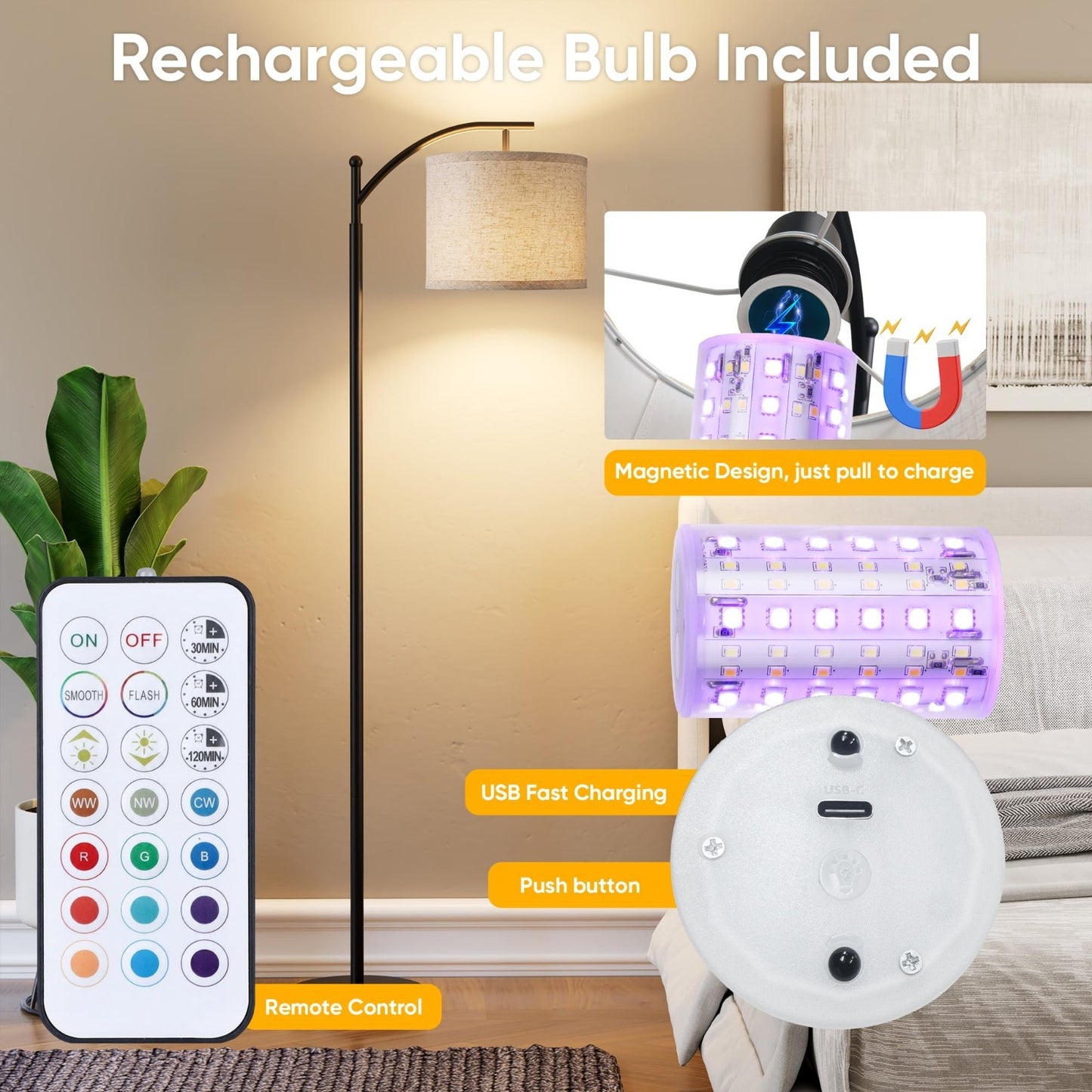 Dimmable RGB Battery Operated Floor Lamp with Remote Control   Cordless Tall Lam4